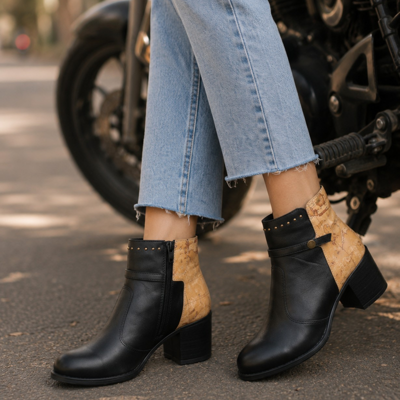Leather Vintage Map-Design Ankle Boots